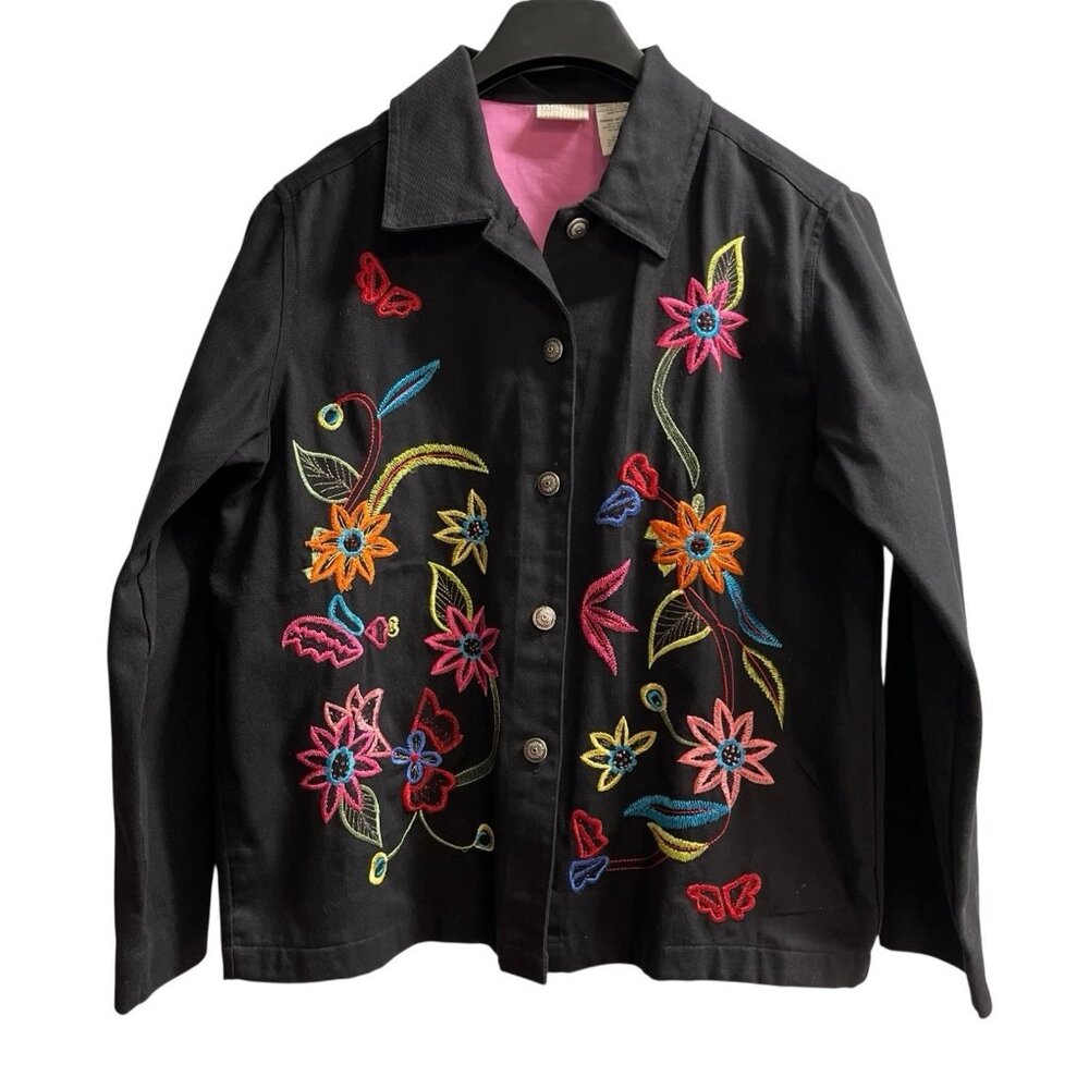 Vintage White Stag Jacket Womens M Black Floral Butterfly Embroidered Shacket
